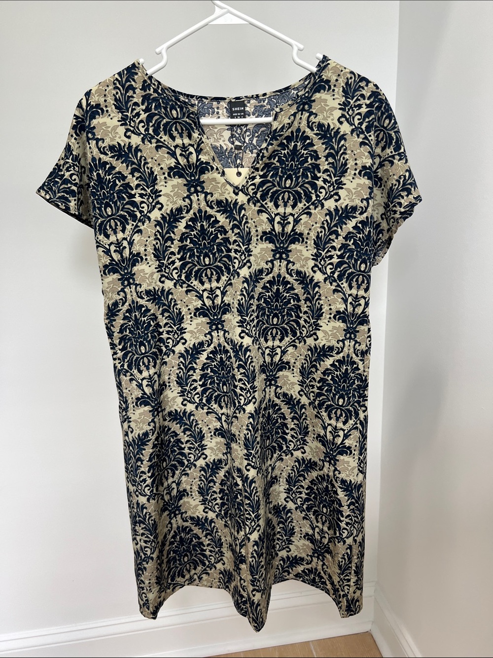 NWT SHEIN Navy Damask Print Short Sleeve Tunic Dress